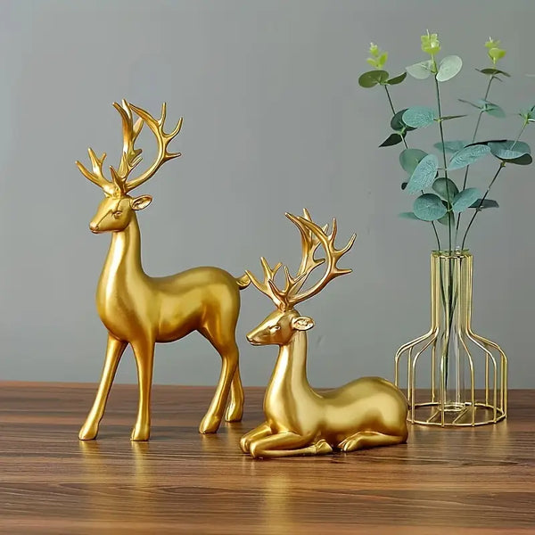 2 PIECE GOLDEN DEER FIGURINE SET – PERFECT DECOR FOR LIVING ROOM & BEDROOM
